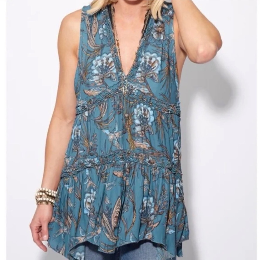🌎Free People Floral Haze Hummingbird Turquoise Boho Tunic size medium